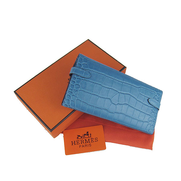 High Quality Hermes Kelly Crocodile Veins Long Clutch Bag Blue H009 Replica - Click Image to Close